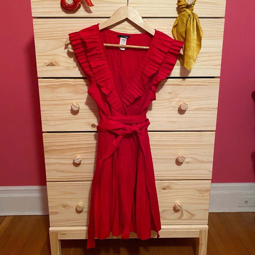 Aqua Brand Pleated Red Wrap Dress